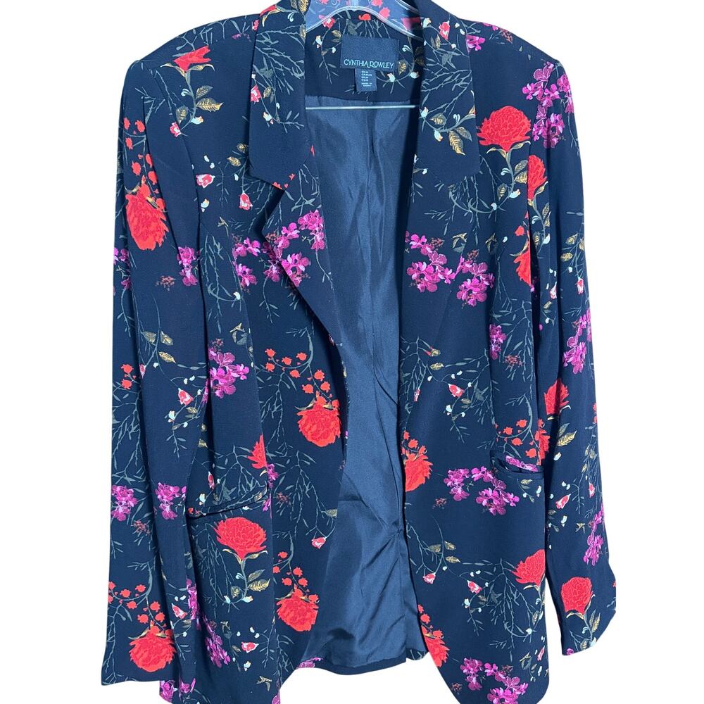 Cynthia Rowley Black Floral Blazer Lightweight Open Front Jacket Red Pink Size M